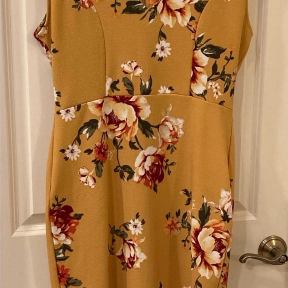 Almost Famous Floral Dress in  Chic Mustard and Maroon Tones w/Beige Highlights